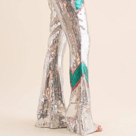 Green and Silver Flare Pants with Boot Cut Design - Picture 2 of 8